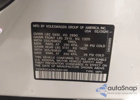 2024 Volkswagen Atlas 2.0T Se W/Technology z USA, uszkodzony, nr VIN 1V2KR2CA2RC560160